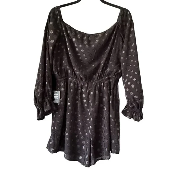 Express Black 3/4 Sleeve Sparkly PolkaDot Elastic Waist Romper Sexy M Witchy NWT - Picture 4 of 6